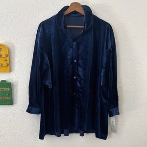 3 Potato Velvet Button Up Tunic Top Blouse Sapphire Blue NWT Large/Extra Large